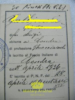 P.N.F. Fasci all' Estero Londra Tessera | Military Arsenal