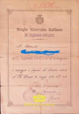Diploma medaglia al Valore Bronzo 16° Reggimento Bersaglieri WWI  | Military Arsenal