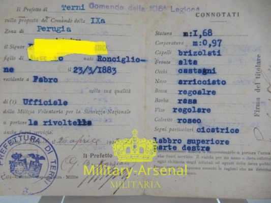 Milizia MVSN 105 Legione autorizzazione porto d'arme | Military Arsenal