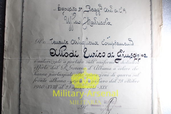 WWII fronte albanese diploma e distintivo per le operazioni di Guerra 1941 | Military Arsenal