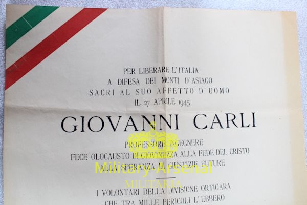Manifesto Partigiano Giovanni Carli ASIAGO 27 aprile 1945 | Military Arsenal