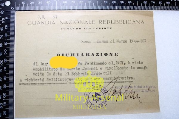 RSI documento GNR Parma 1944 | Military Arsenal