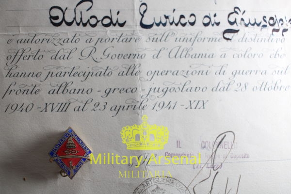 WWII fronte albanese diploma e distintivo per le operazioni di Guerra 1941 | Military Arsenal
