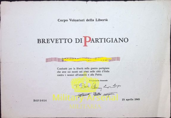 Diploma  Partigiano CVL guerra di liberazione. | Military Arsenal