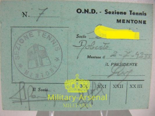 OND Mentone tessera sportiva Tennis 1942 | Military Arsenal