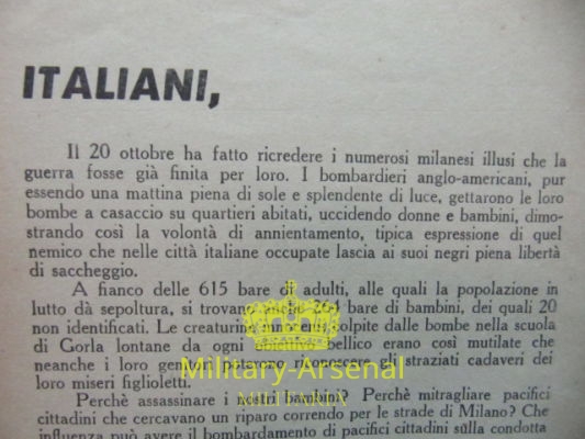 Volantino di Propaganda RSI Repubblica Sociale Italiana strage di Gorla 1944 | Military Arsenal