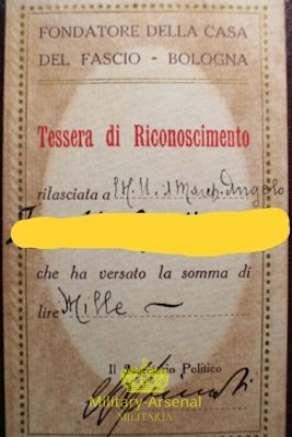 Rarissima tessera Fondatori casa del Fascio Bologna | Military Arsenal